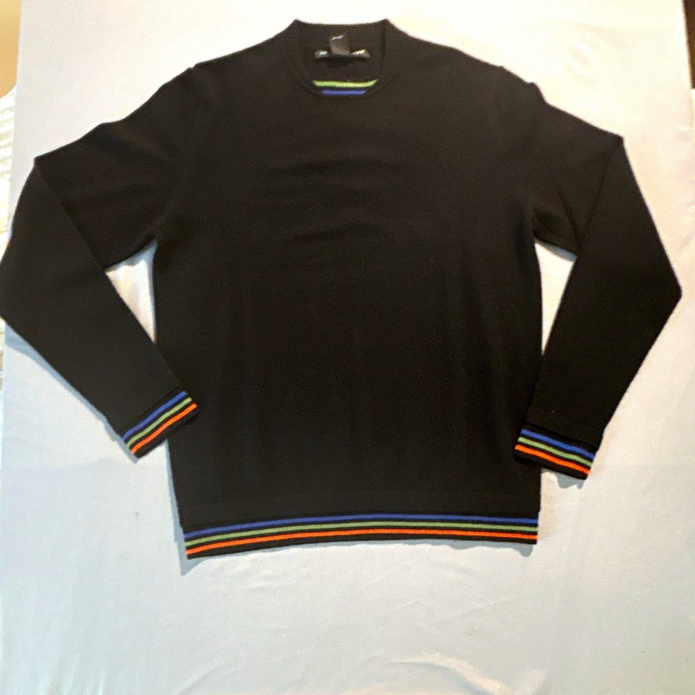 Metropolitan View Mens Cashmere Sweater Black Rainbow Striped Cuff Hem Medium
